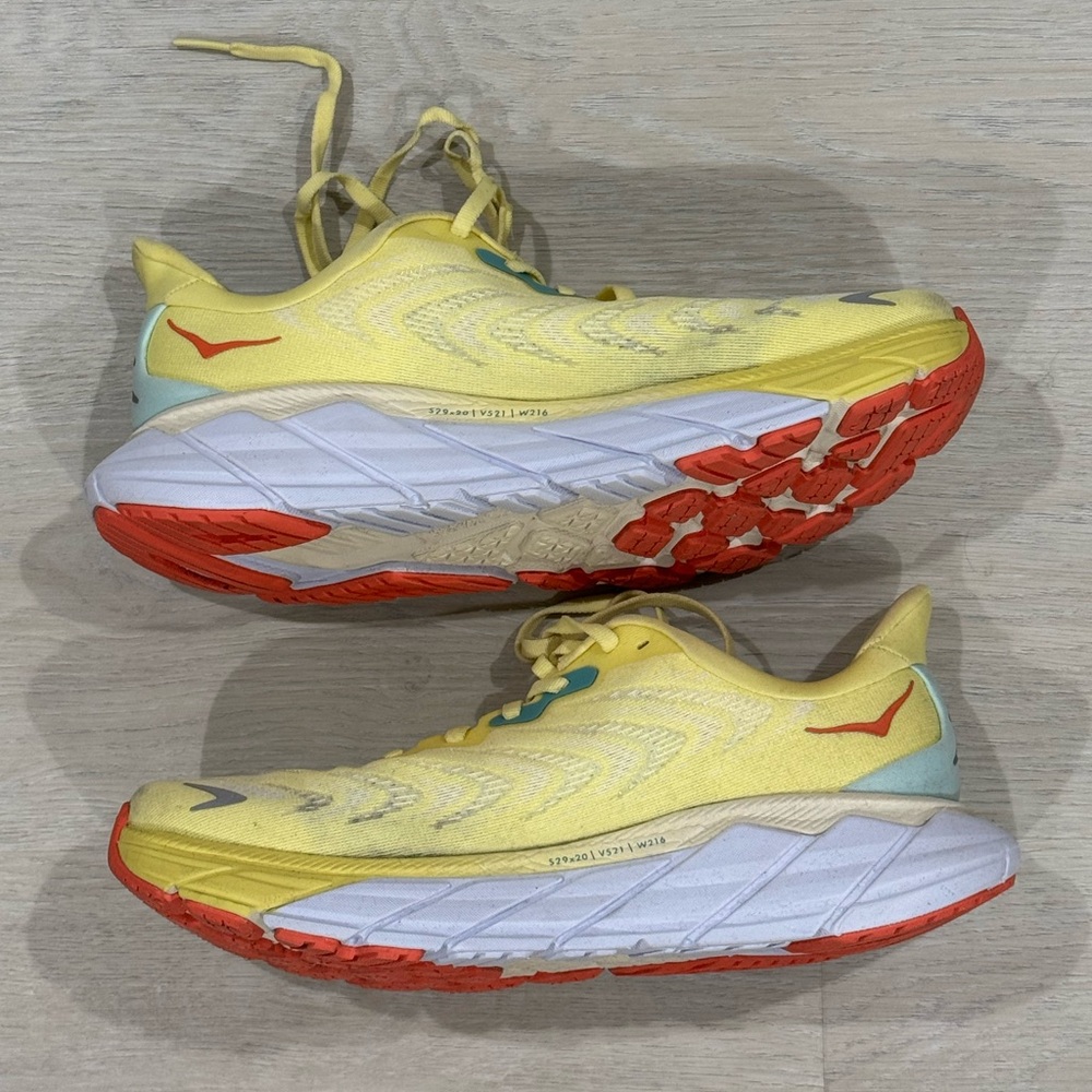 Hoka Yellow and Coral Arahi 6 Running Shoes